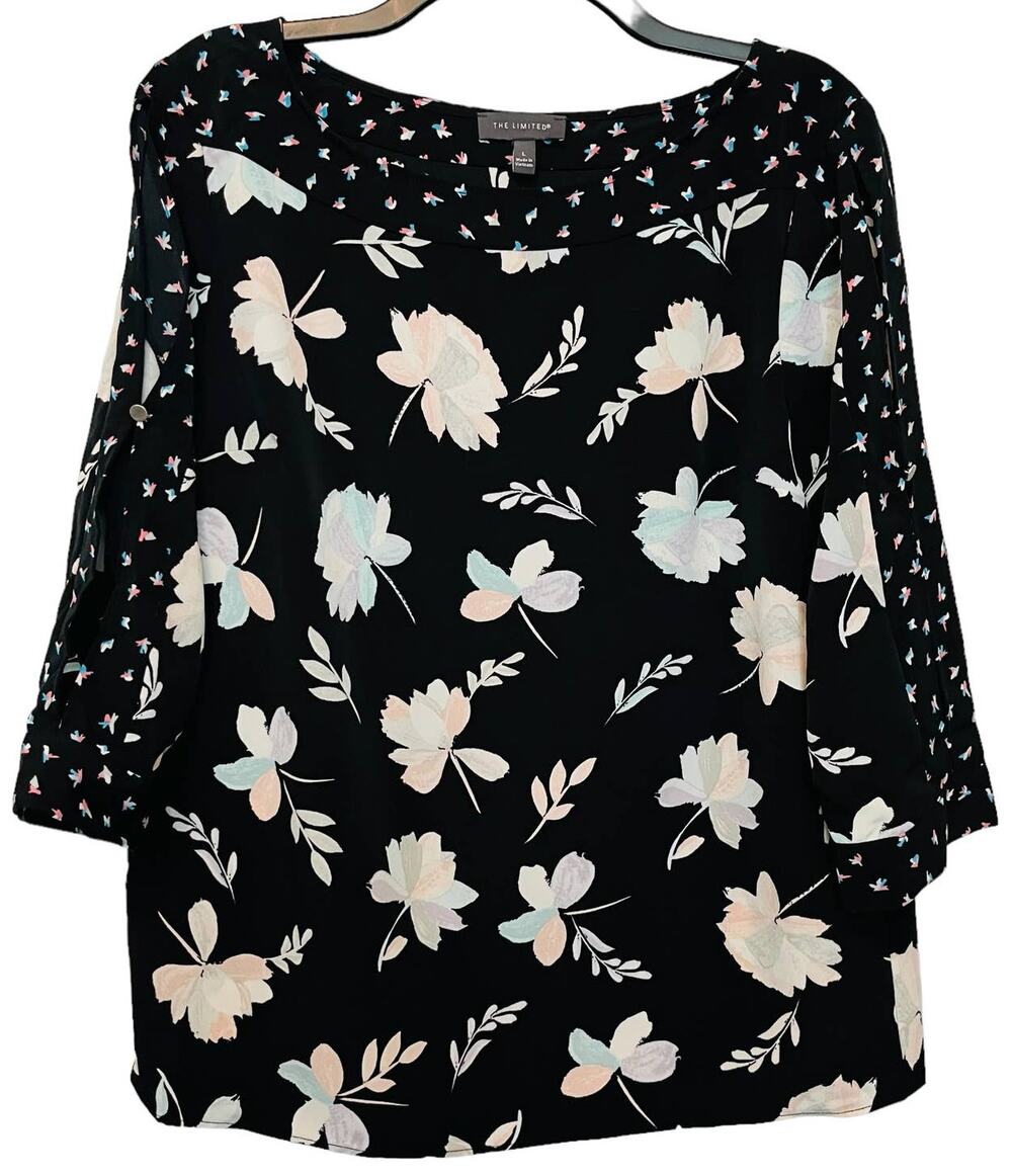 The Limited Floral Top Split Sleeve Bateau Neck Black Large